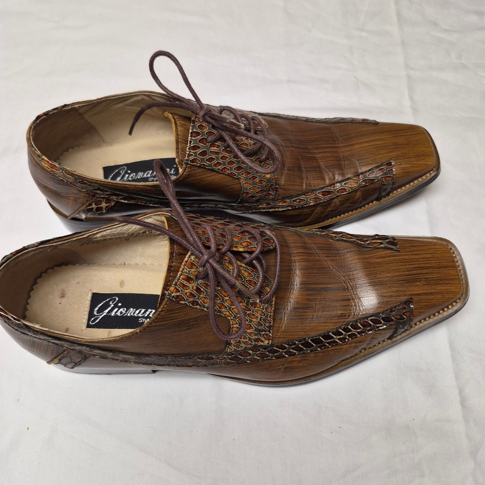 Giovanni Mens Brown Leather Square Toe Oxford Shoes Snakeskin Trim Size 9 174989